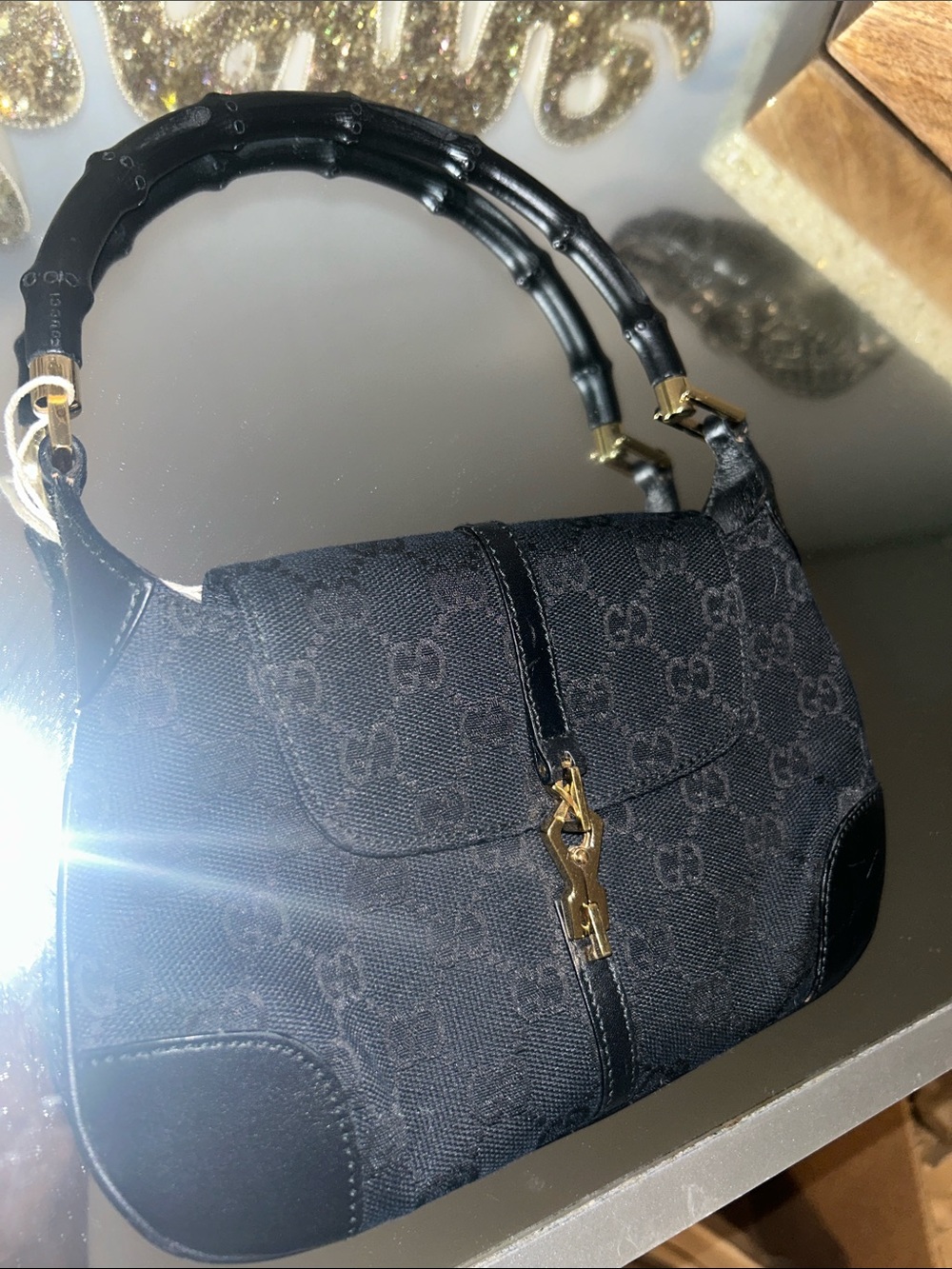 Gucci Black Monogram Bamboo-Handle Shoulder Bag with Gold Hardware